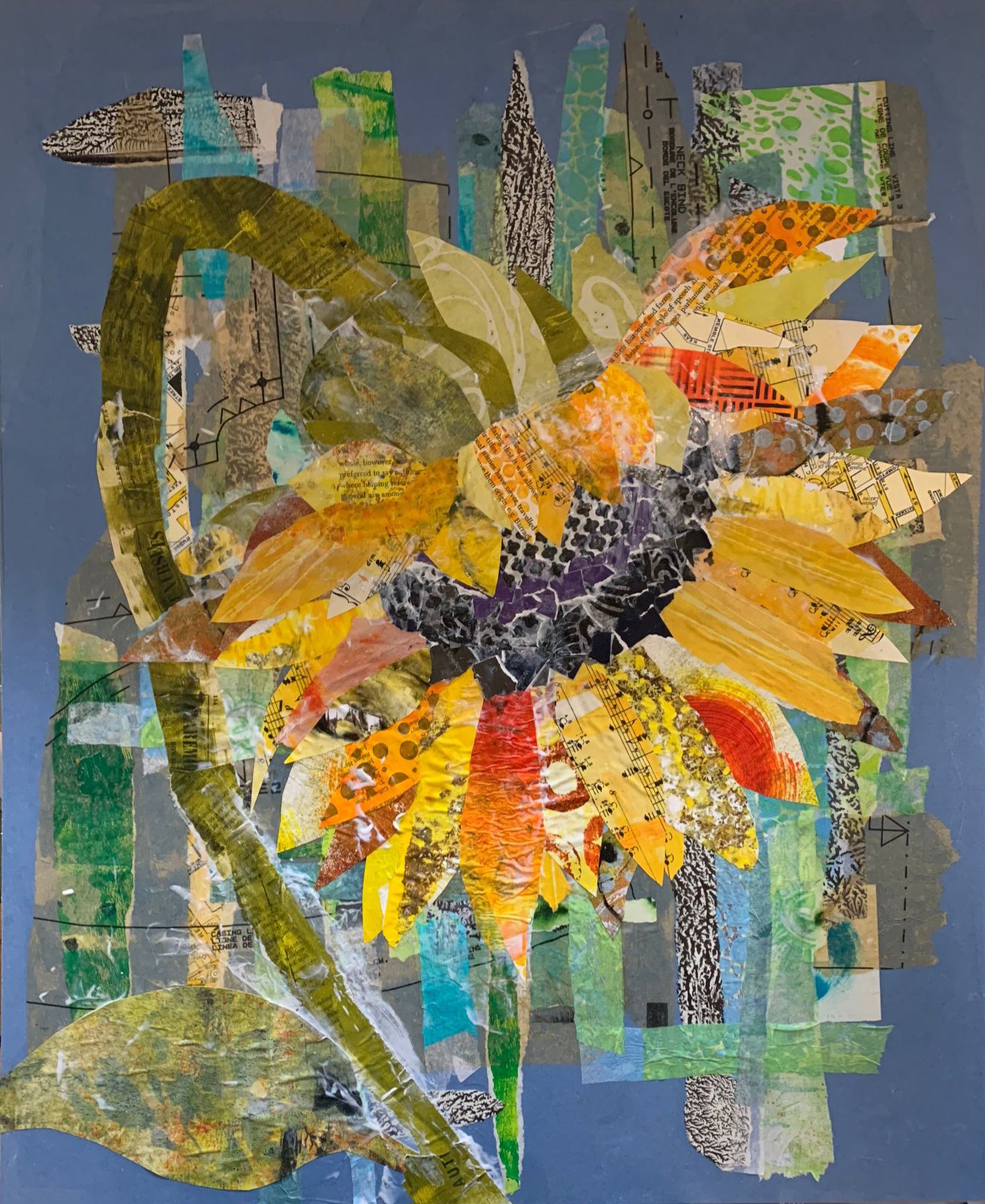 Artwork of a sunflower made from mixed media by a student