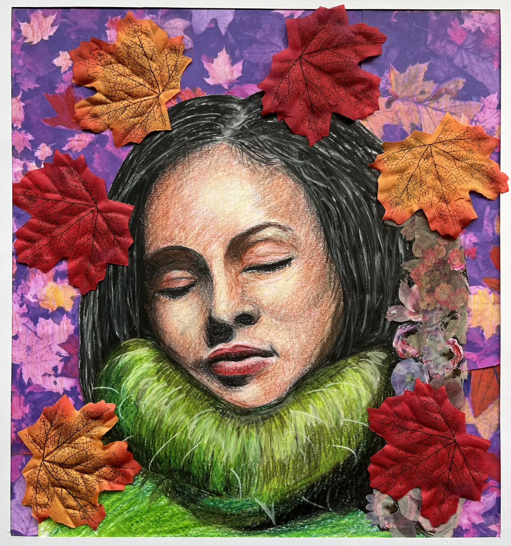 Artwork of women surrounded by leaves created by student
