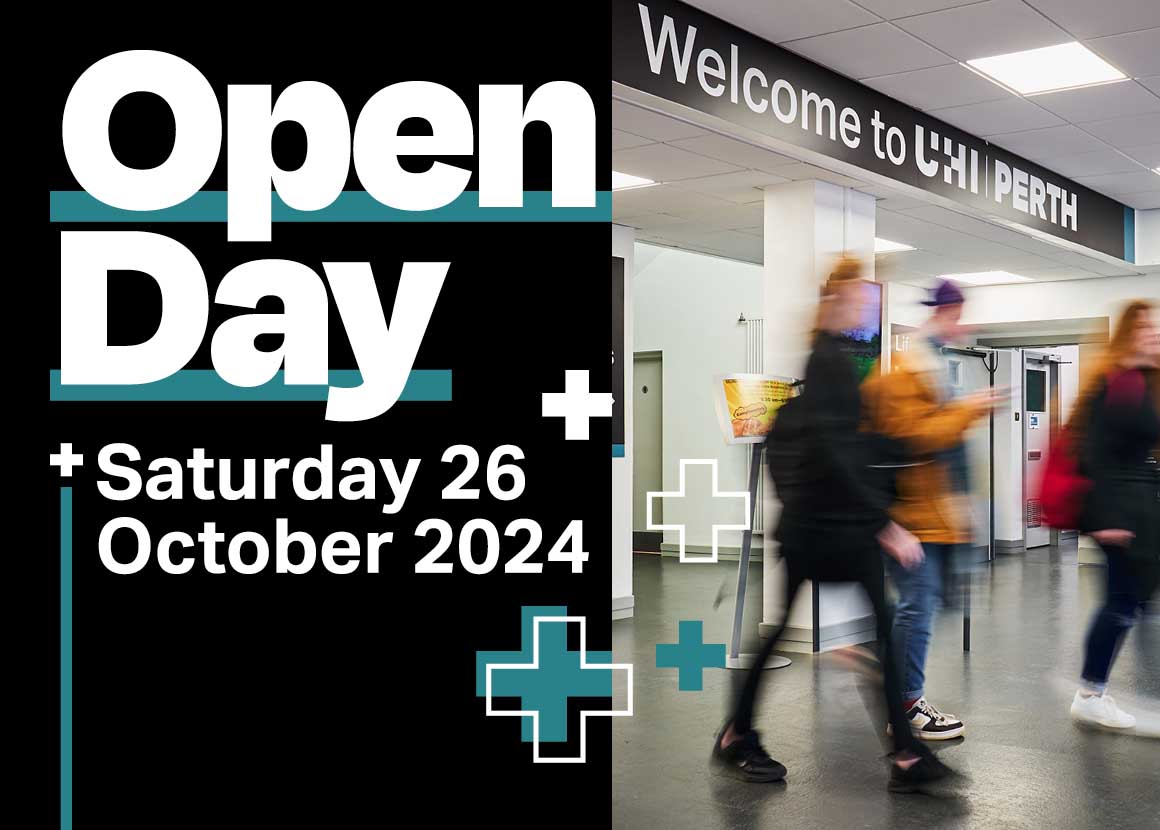 Graphic saying Open Day and blurry image of people moving through foyer