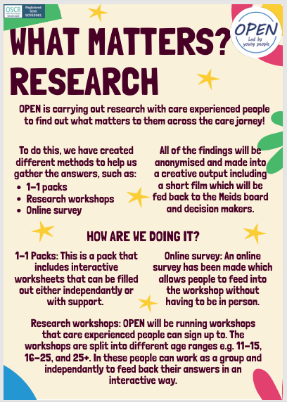 OPEN poster outlining how care experienced individuals research will be undertaken OPEN poster outlining how care experienced individuals research will be undertaken