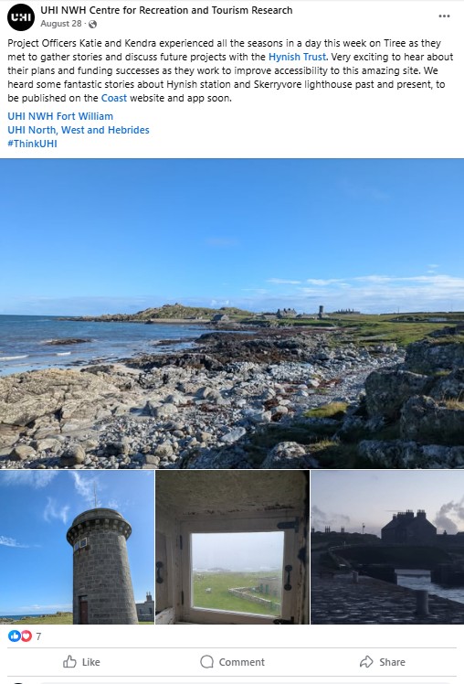 Screenshot of UHI NWH Centre for Recreation and Tourism Research Facebook post about this Hynish Trust project