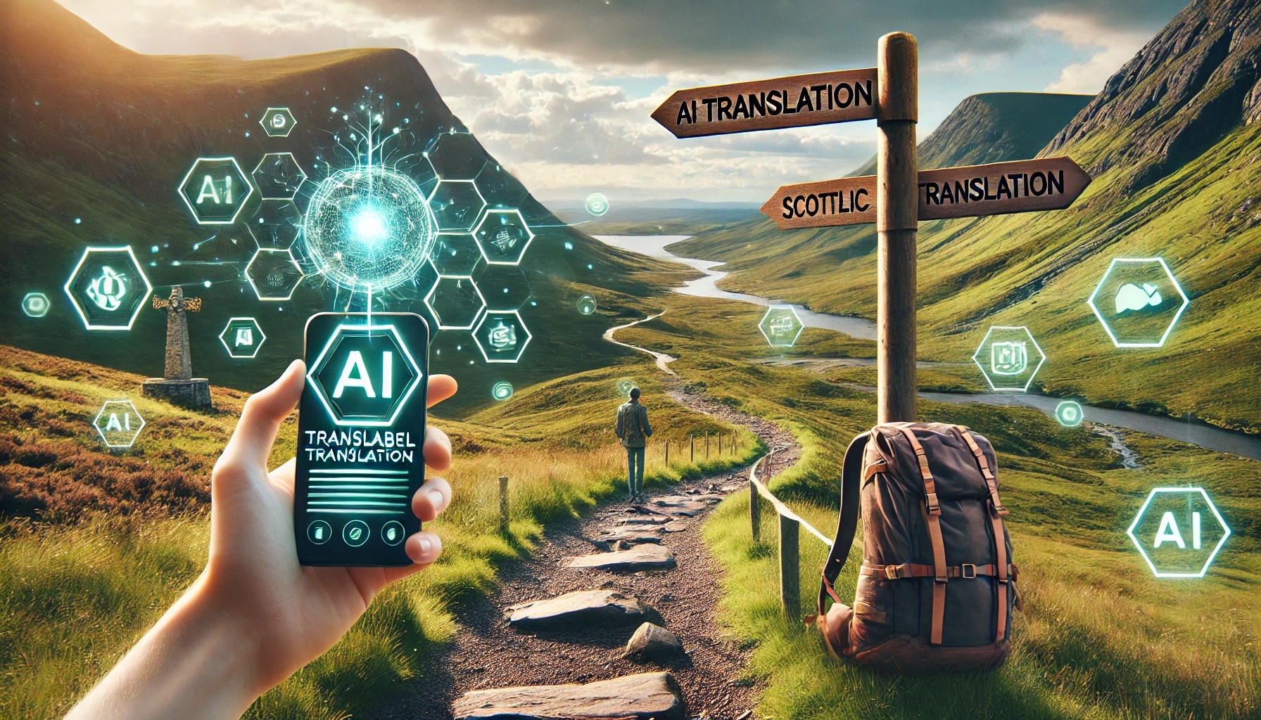 AI generated image of a person holding a phone whilst on a hiking trail outside with a signpost on the path