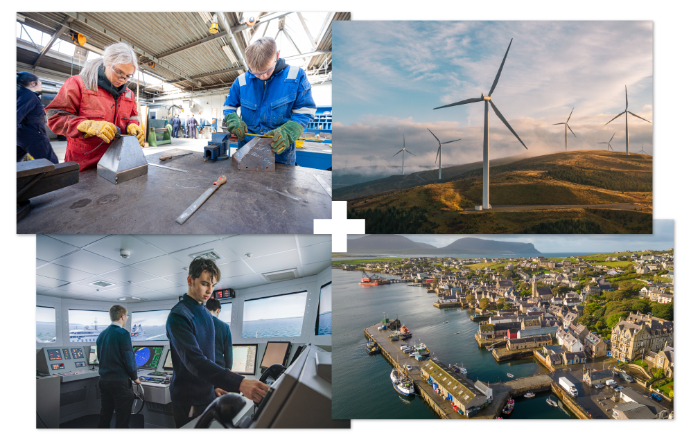 People welding | Wind turbines | People in a ship bridge | Aerial view of Stromness