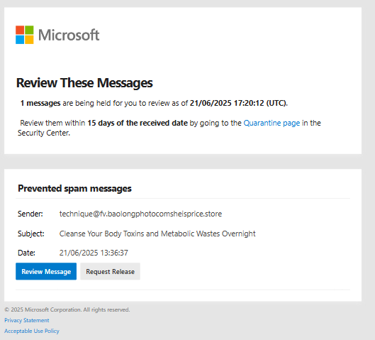An image showing what a quarantined email message from Microsoft looks like