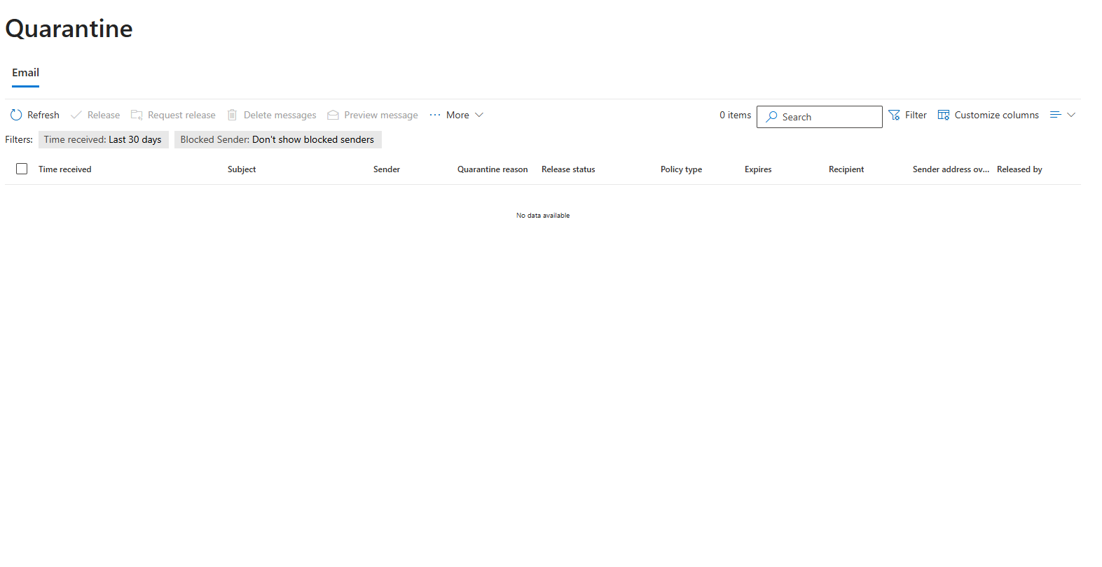 A screenshot showing how the Microsoft Quarantine page looks.