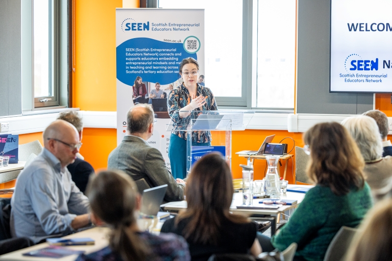 Deputy First Minister, Kate Forbes, giving opening remarks at the Scottish Entrepreneurial Educators Network event. Photo Paul Campbell.