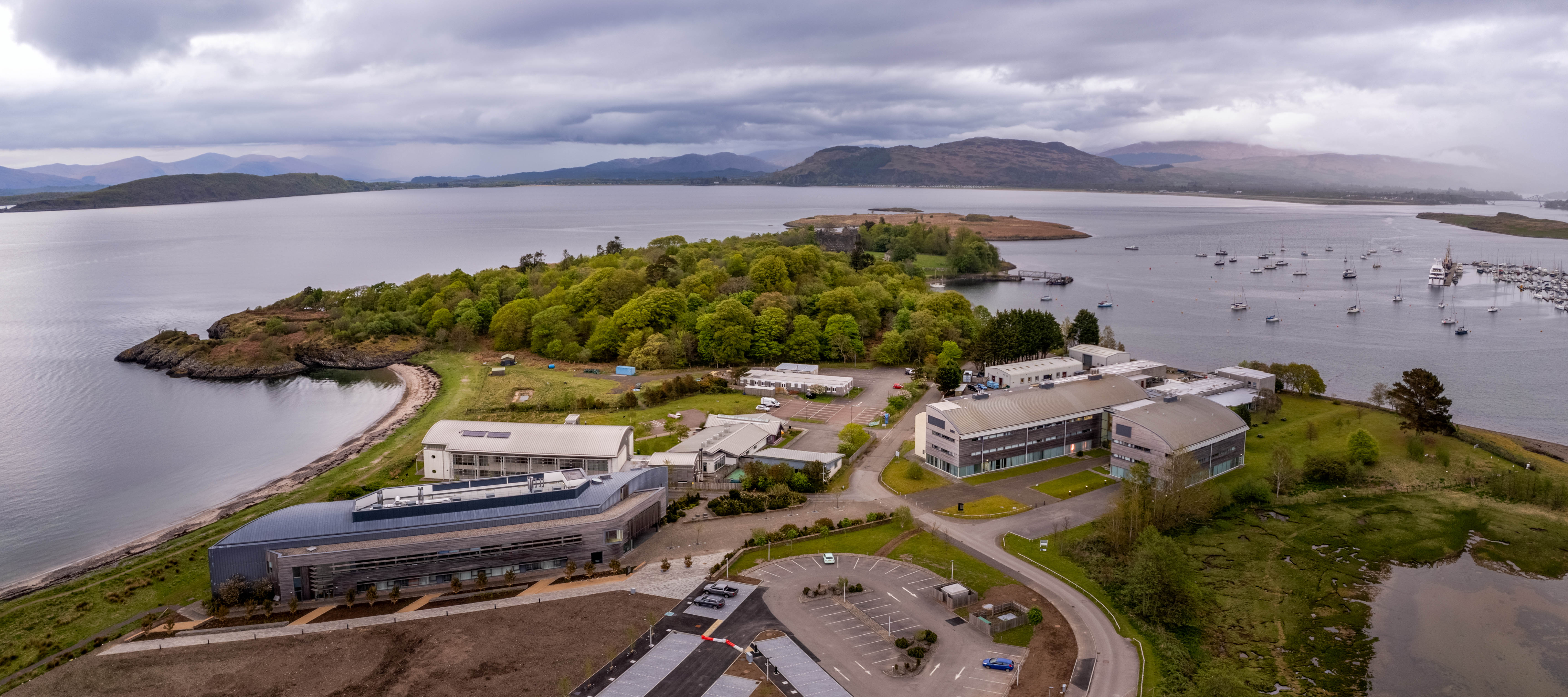 An erial view of the Scottish Association for Marine Science campus in Oban