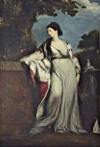 Painting of a woman dressed in a loosely draped dress, and an ermine-lined red robe. She is leaning against a stone wall, with a tree in the background. Painting of a woman dressed in a loosely draped dress, and an ermine-lined red robe. She is leaning against a stone wall, with a tree in the background.