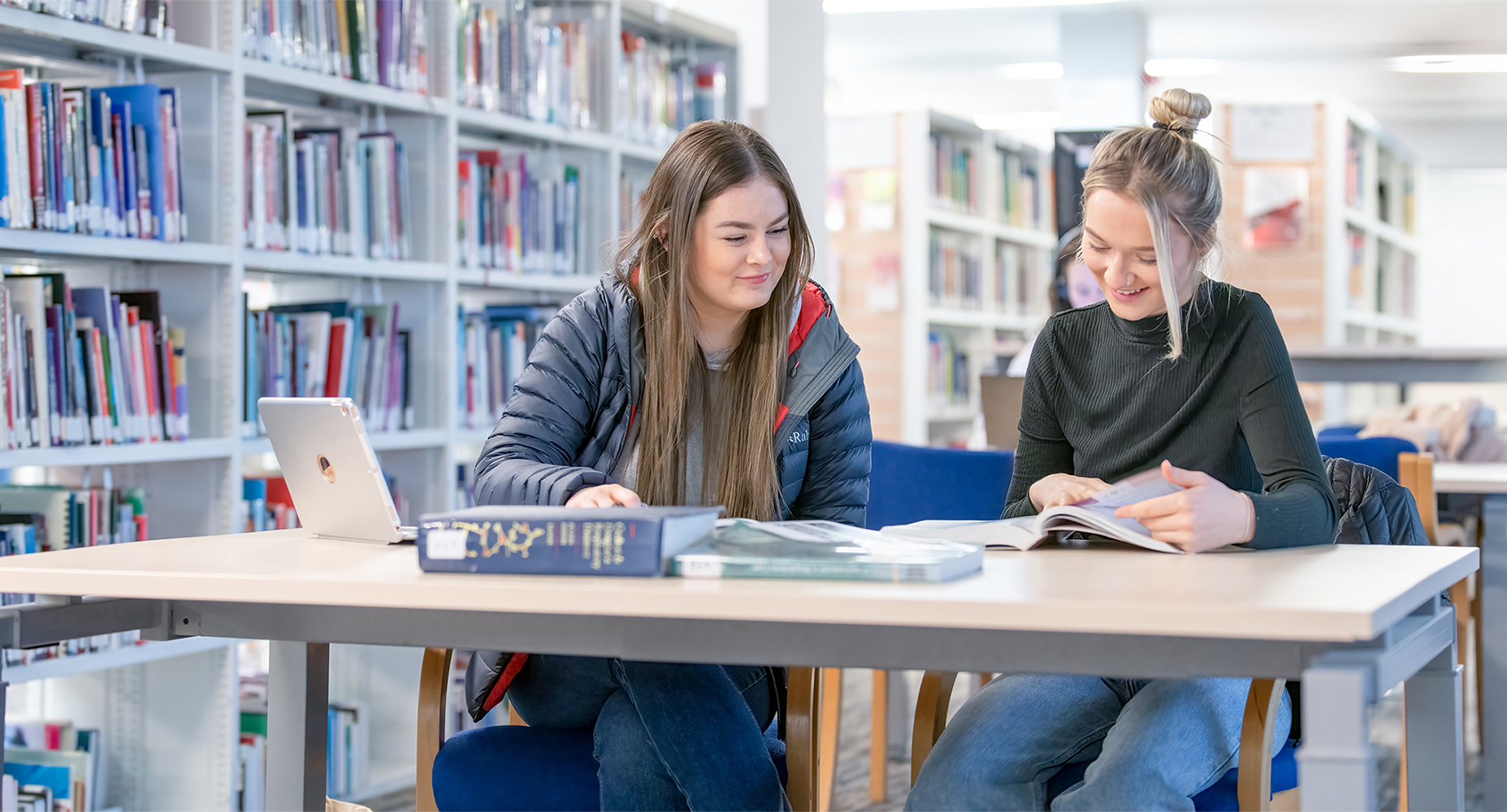 Two students studying books in a library together