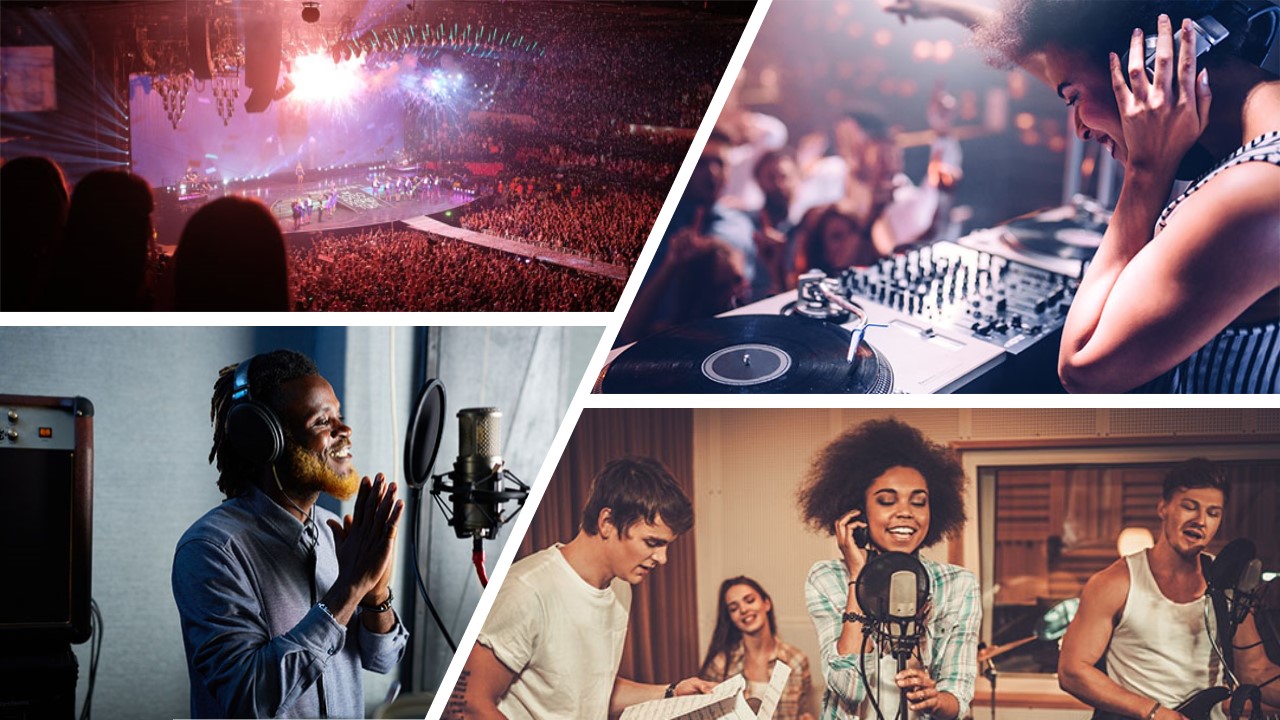 A music concert | DJ using DJ equipment at an event | Person singing into a microphone | A band recording music