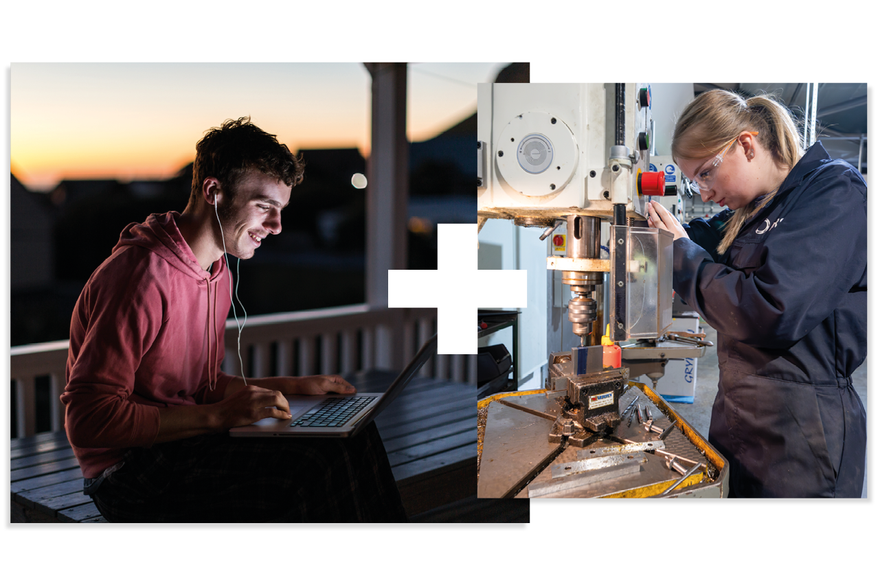Collage of 2 | Student working at a laptop | Student in an engineering workshop