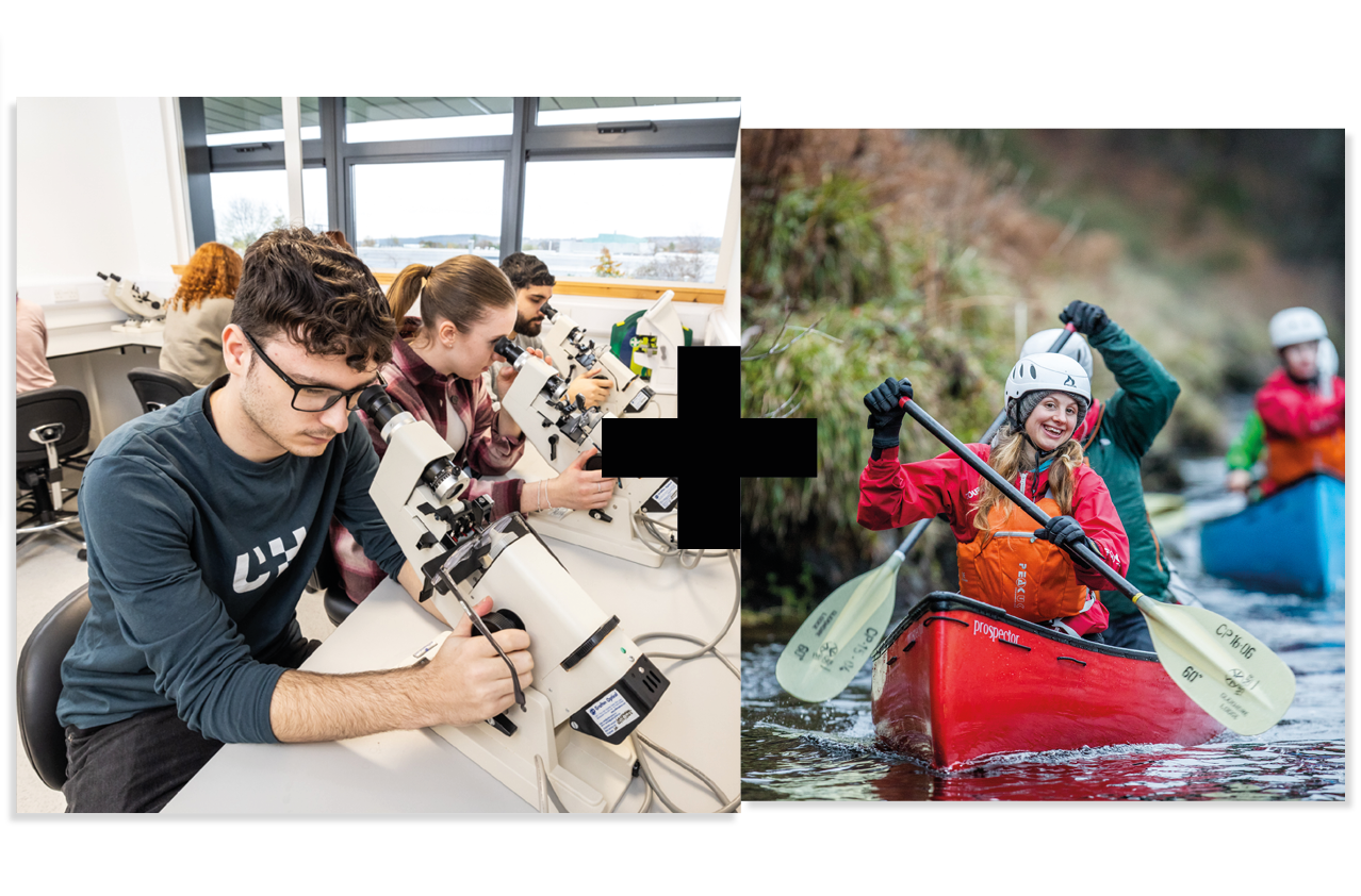 Collage of 2 | Students in an optometry laboratory | Students on a canoeing trip