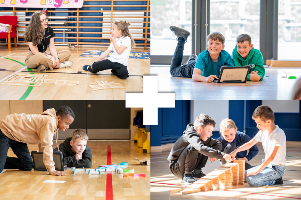 Collage of four images of pupils and coordinator during STEM sessions Collage of four images of pupils and coordinator during STEM sessions