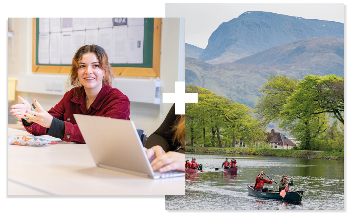 Collage of 2. A student sitting at a table. Student kayaking in a river