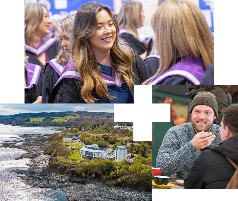 Top: UHI students at Graduation. Left: Our Sabhal Mòr Ostaig campus on the Isle of Skye. Right: Students and staff chatting at a conference.