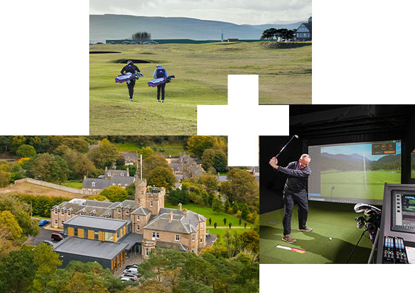 Left: Dornoch campus. Top: Two golfers walking across the course. Right: Equipment at the Centre for Golf.