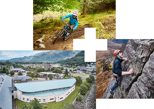 Left: UHI NWH Fort William campus with mountains in background. Top: Student mountain biking in the woods. Right: Student trad climbing down Glen Nevis.