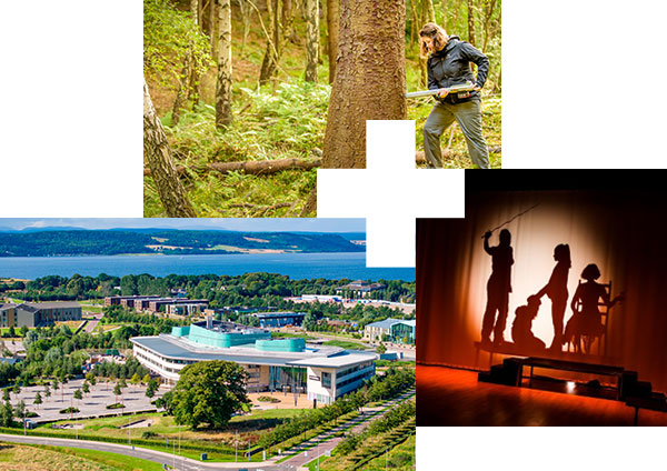 Left: UHI Inverness campus. Top: Forestry student on site. Right: Drama student production.