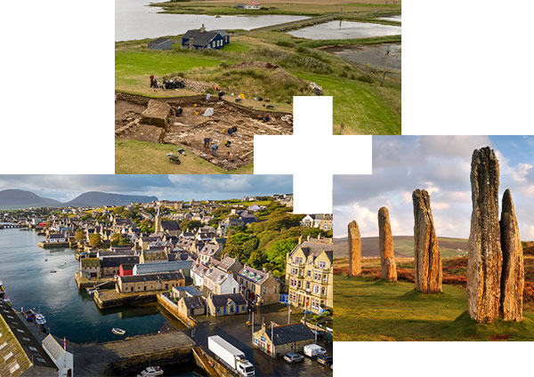 Left: Harbour scene depicting dramatic mountains, Stromness. Top: Investigating the midden at a Ness of Brodgar archaeological dig site. Right: Ring of Brodgar, an iconic Neolithic henge and stone circle near Stromness.