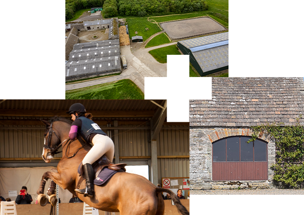 Left: Equine student and their glossy brown horse approaching a jump. Top: Rural Studies Centre aerial view. Right: Close-up of a stone building with foliage growing up the front of it, part of the Rural Studies Centre. Left: Equine student and their glossy brown horse approaching a jump. Top: Rural Studies Centre aerial view. Right: Close-up of a stone building with foliage growing up the front of it, part of the Rural Studies Centre.
