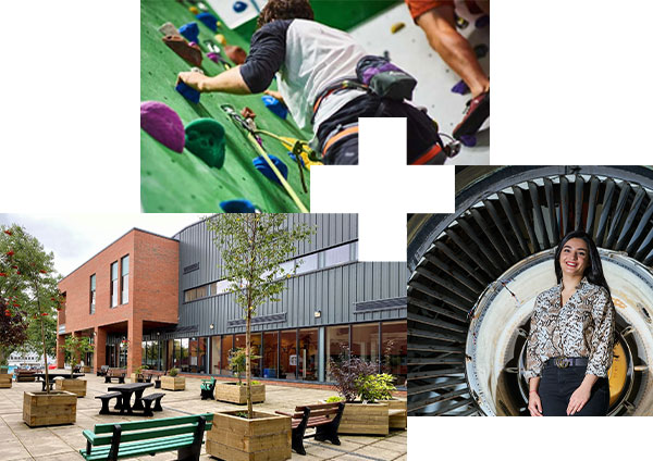 Left: UHI Perth campus building. Top: Climbers making their way up the indoor climbing wall. Right: Aviation student in front of a plane engine.