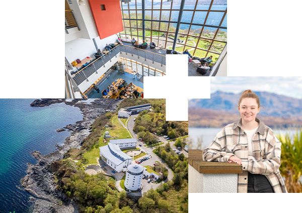 Left: Sabhal Mòr Ostaig buildings located on stunning sea cliffs. Top: Two levels of the campus, with students studying and eating lunch. Right: Student standing outside the campus building with mountains in the background.