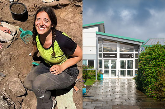 Left: Francesca excavating at Punta Ferulosu, Italy. Right: UHI Orkney campus