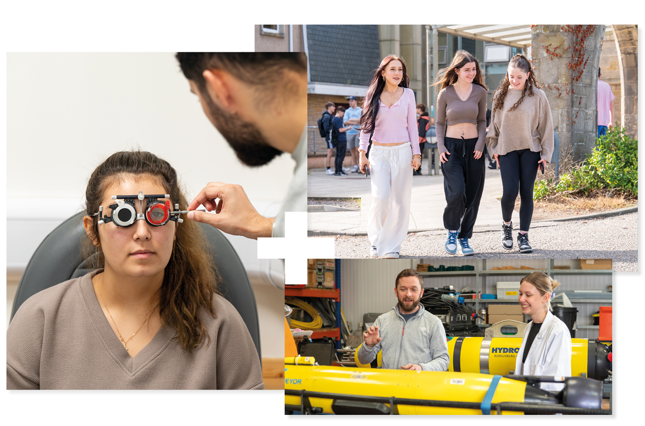 Person having an eye exam | Three people walking together | Two people looking an ocean surveying equipment Person having an eye exam | Three people walking together | Two people looking an ocean surveying equipment
