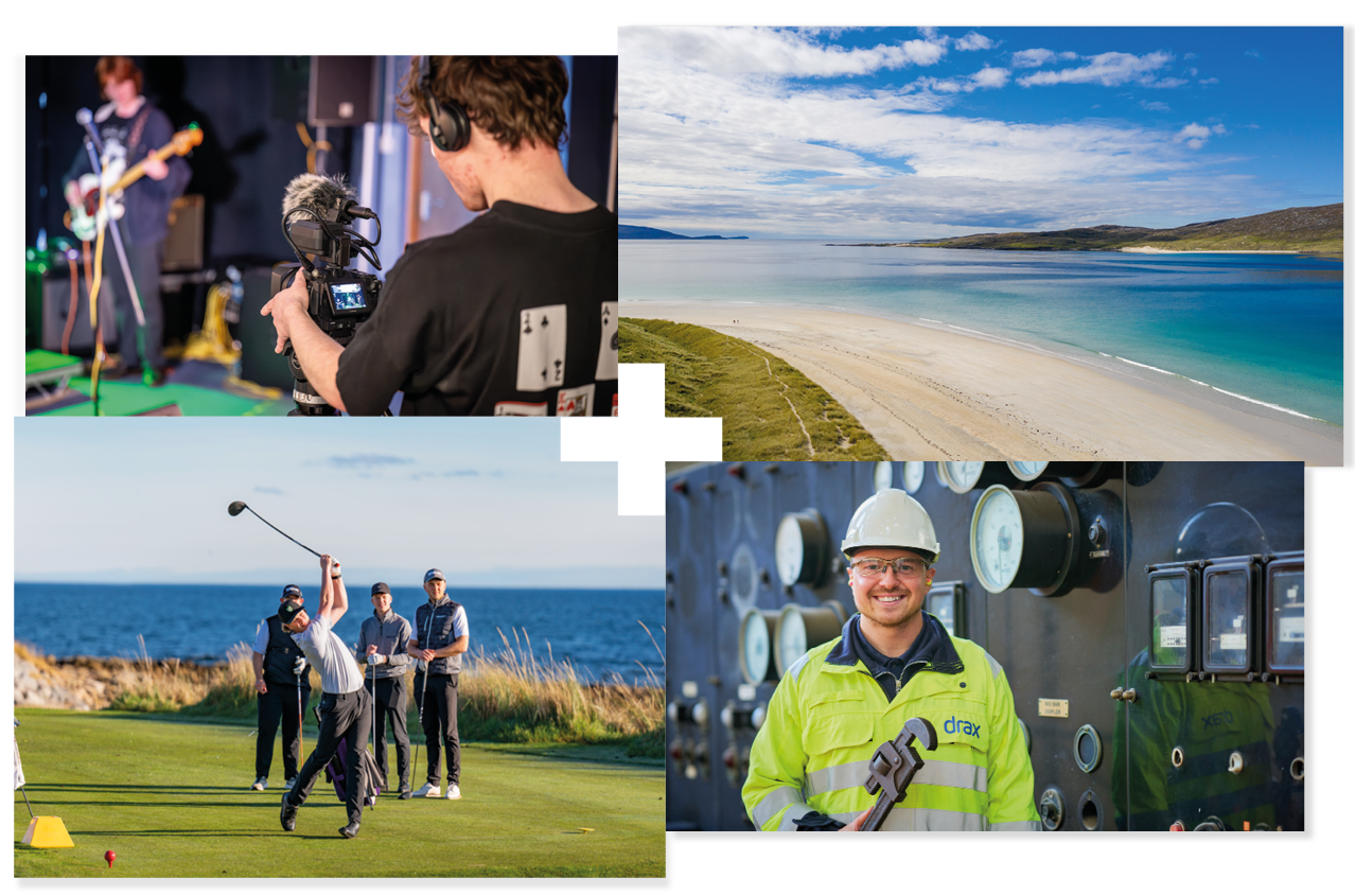 People filming in a studio | Beach on the Outer Hebrides | Golfers hitting a ball | Engineer smiling
