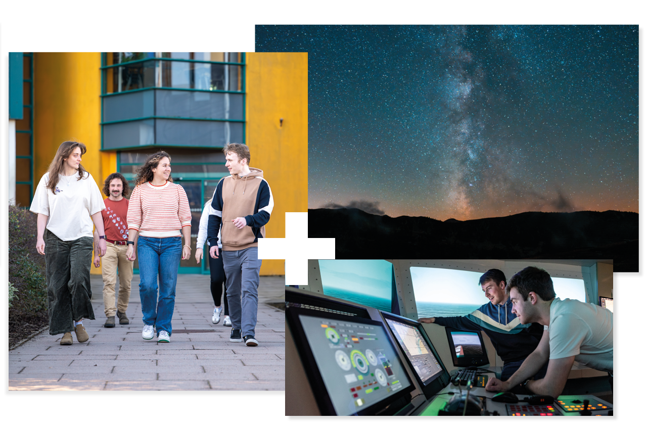 Three people walking together | Stars in the sky | Students working in a Maritime Bridge Simulator