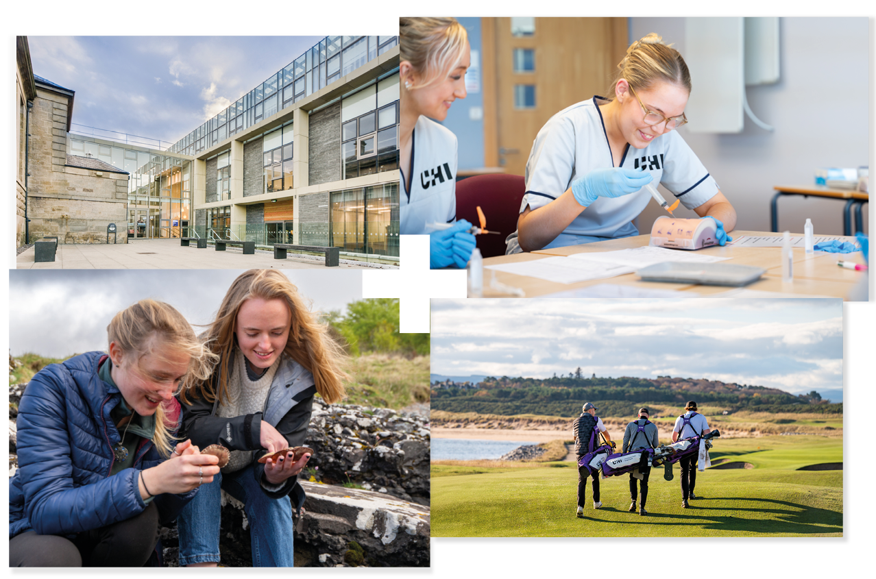 Collage of 4 | UHI Moray campus | Nursing students practising stitching | Marine science students looking at marine life | Students walking on a golf course Collage of 4 | UHI Moray campus | Nursing students practising stitching | Marine science students looking at marine life | Students walking on a golf course