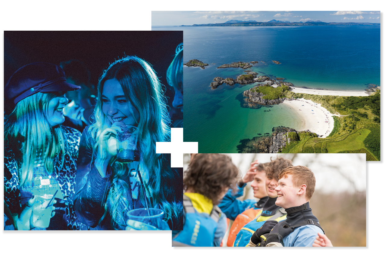 Collage of 3 | Aerial image of beach | People at a party | Students on a kayaking trip