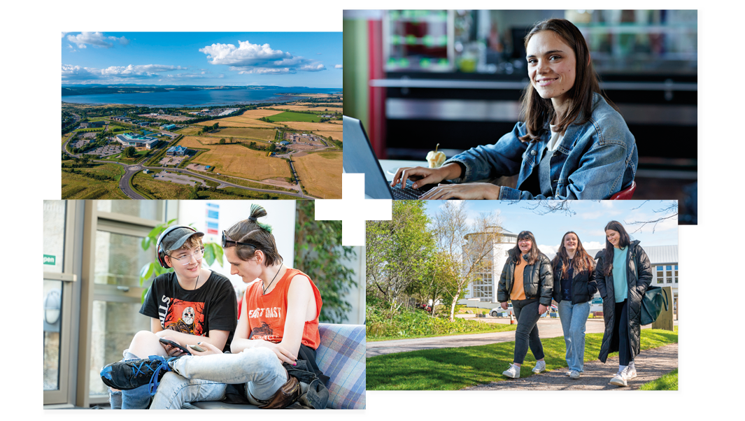 Collage of 4 | Aerial image of UHI Inverness | Student smiling while working at a laptop | Two students sitting and looking at a phone | Three students walking outside in the sun