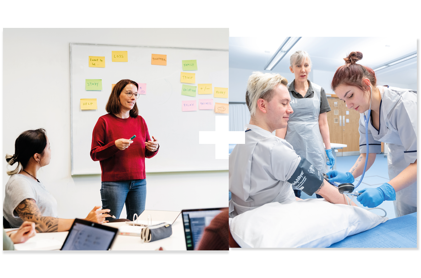 Collage of 2 | Students in a classroom | Students in a nursing class