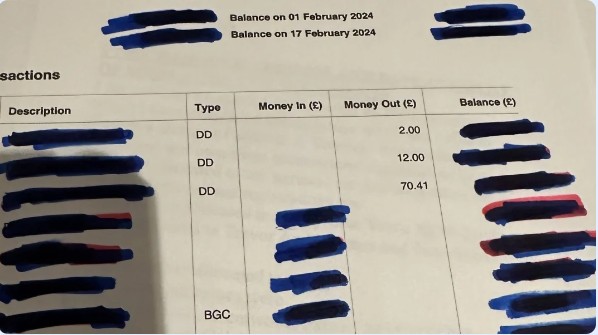 Bank statement where you cannot see the details of the bank issuing the statement and all transactions have been redacted