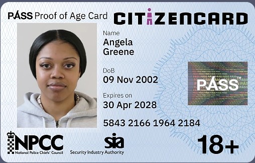 Example of a Citizencard Proof of Age card which is a specimen and shows a clear image of the person along with their details