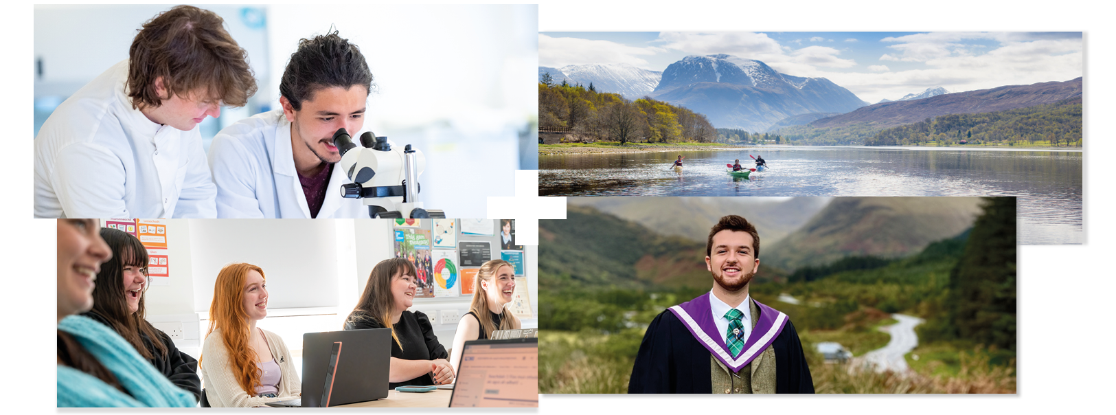 Collage of 4 | Students in a laboratory | Students kayaking | Students in a classroom | Student standing in a glen