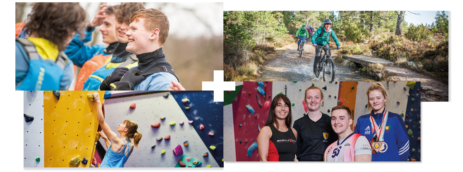 Collage of 4 | Students on a kayak trip | Students cycling in a forest | Student climbing on a climbing wall | Group of students smiling in front of a climbing wall