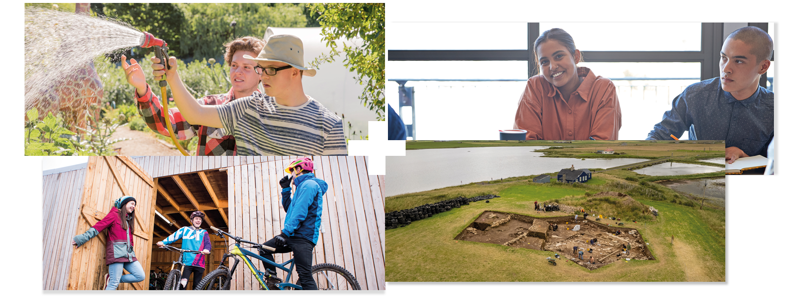 Collage of 4 | Students watering plants | Student sitting in a classroom | Students chatting while sitting on bikes | Archaeological dig