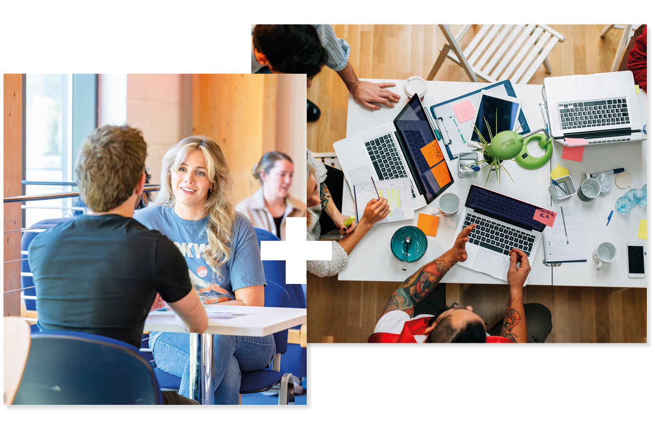 Collage of 2. Students talking in a canteen. Laptops on a table. Collage of 2. Students talking in a canteen. Laptops on a table.