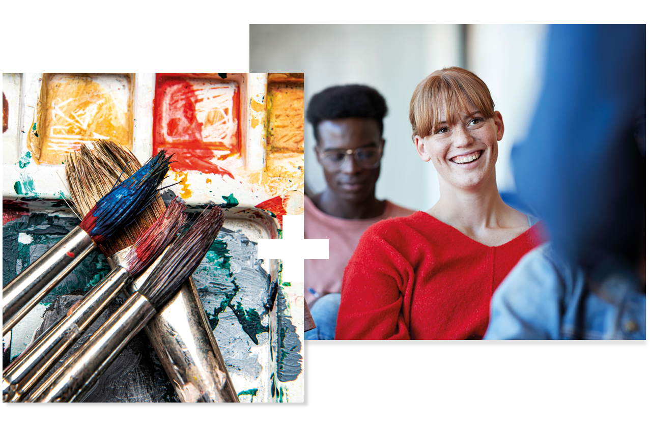 Collage of 2 | Paint brushes on an artist palette | Student smiling in a classroom