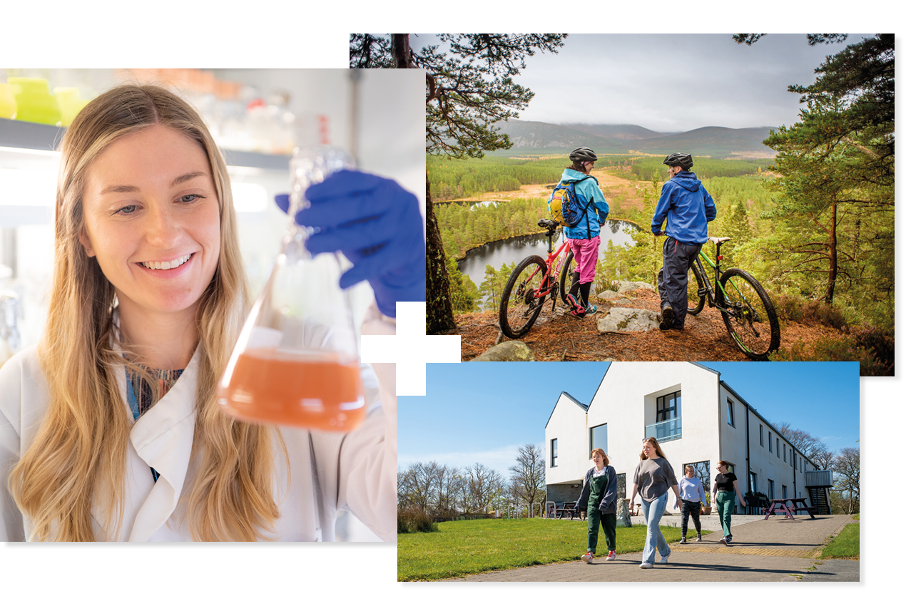 Collage of 3 | Student in a laboratory | People on bikes | Students walking outside student accommodation