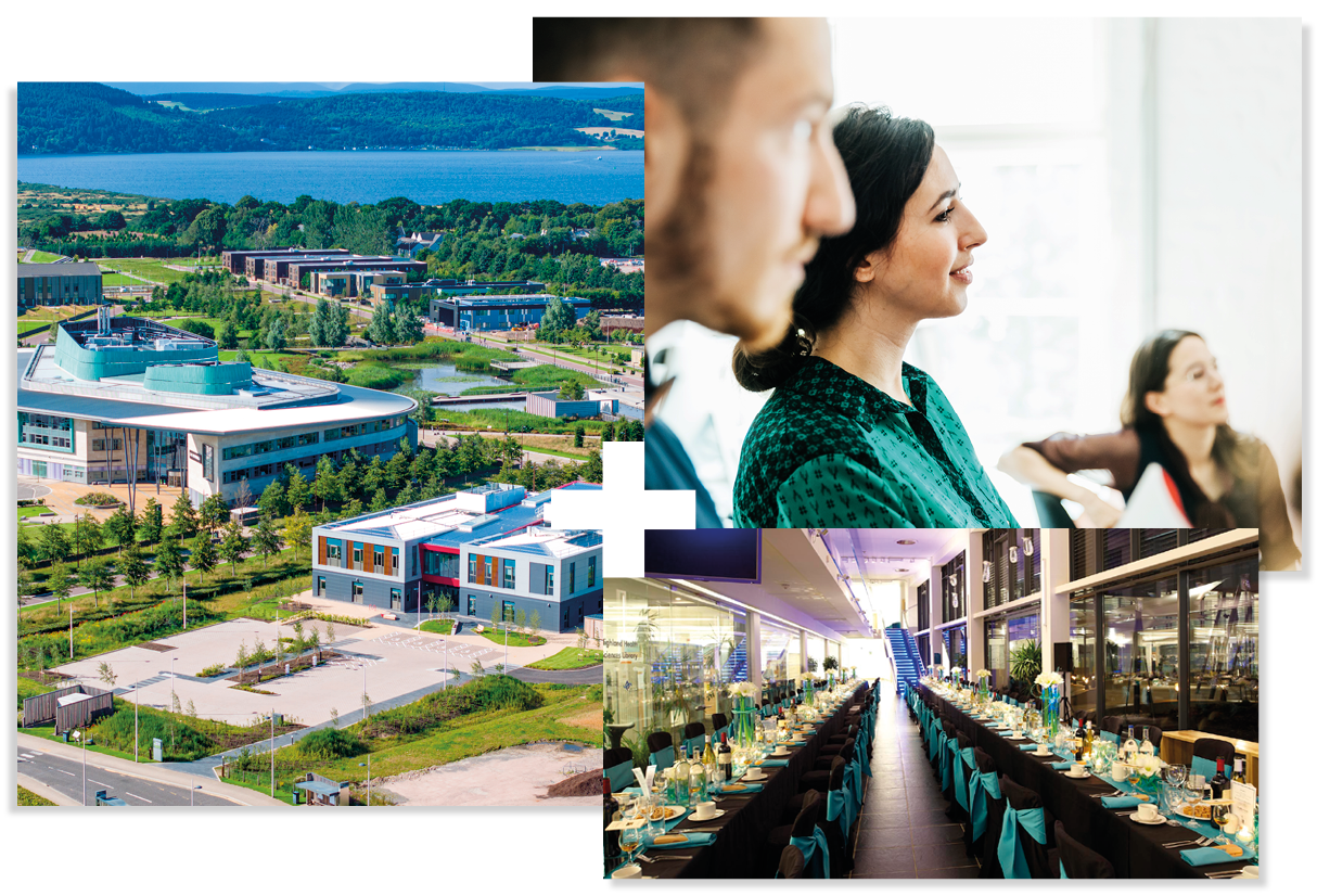 Collage of 3 | Image of UHI Inverness campus | The Street in UHI House | People in a meeting