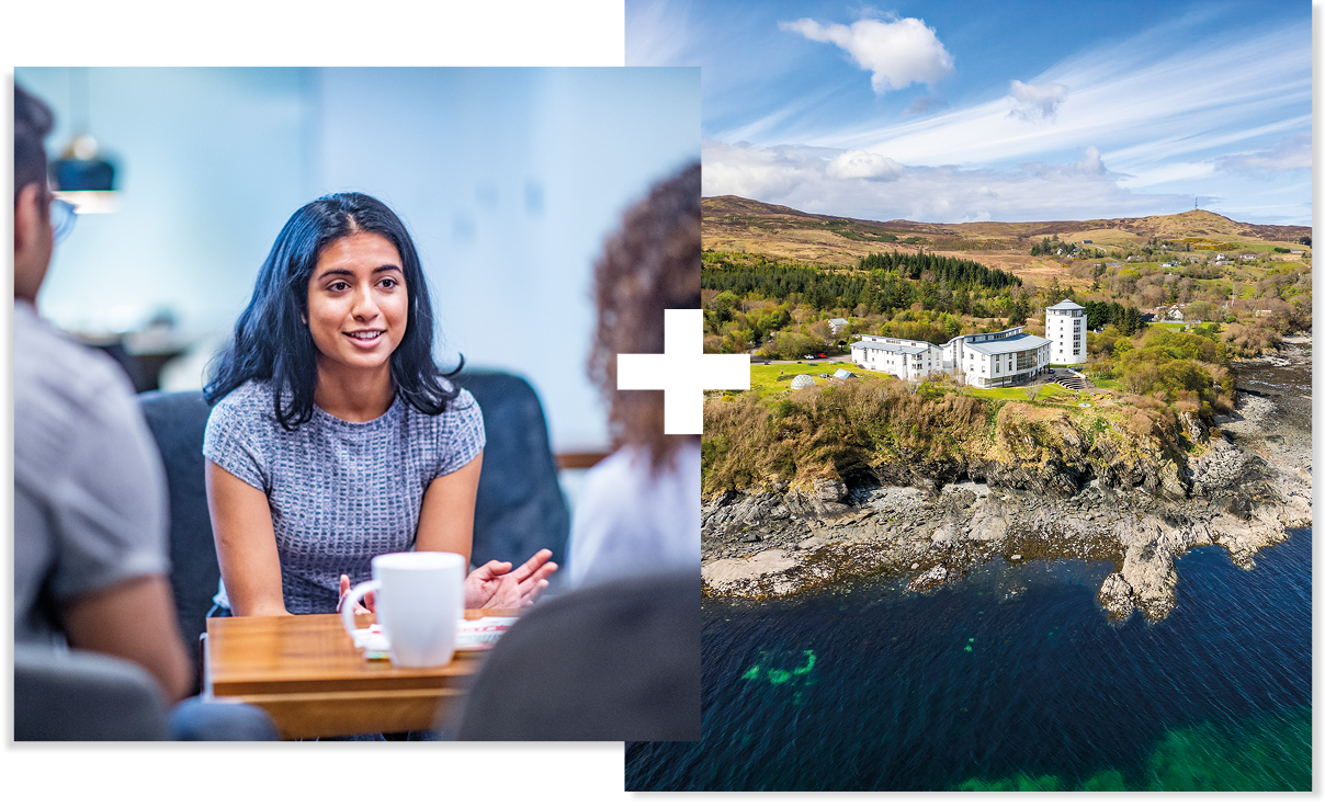 Collage of 2 | Person in a meeting | Campus image of Sabhal Mòr Ostaig