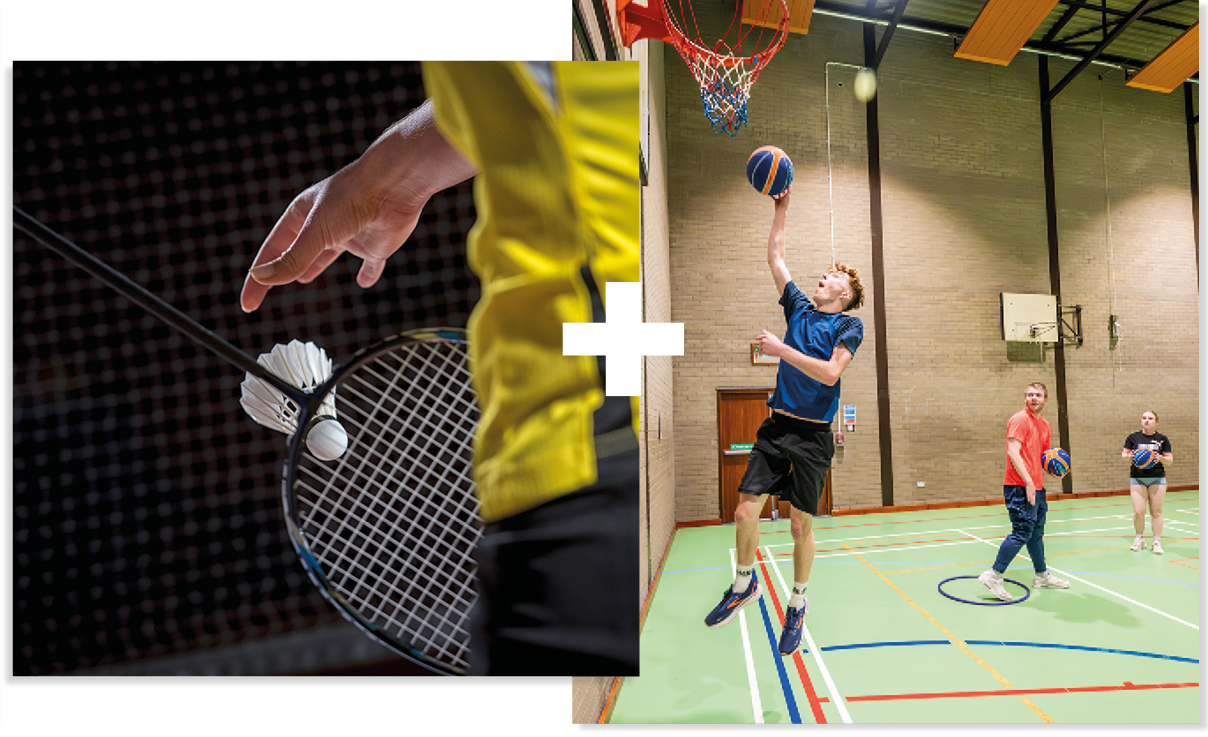 Collage of 2 | Close-up of a badminton serve | Man playing basketball in a sports hall