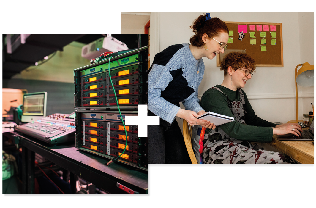 Collage of 2 | Close-up of music equipment | Two students at a laptop