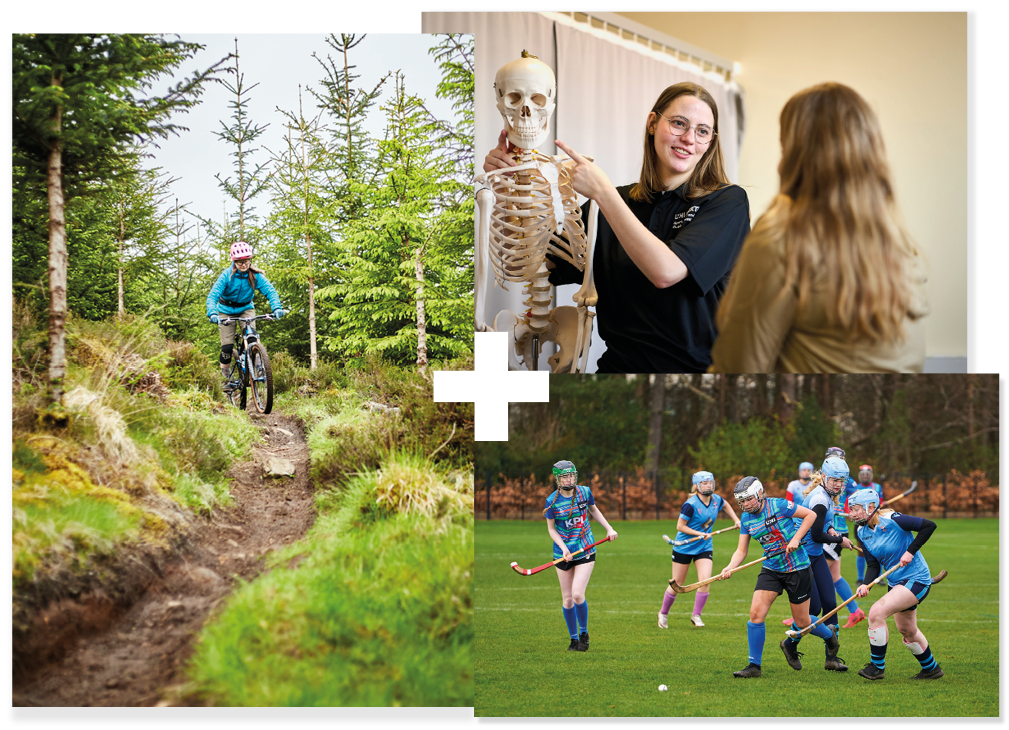 Collage of 3 | Student cycling | Students playing shinty | Student in a sports rehabilitation clinic