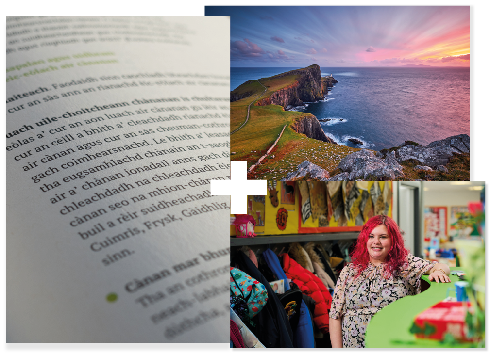Collage of 3 | Close-up of a book with Gaelic text | A Gaelic teacher in a classroom | Neist Point Lighthouse