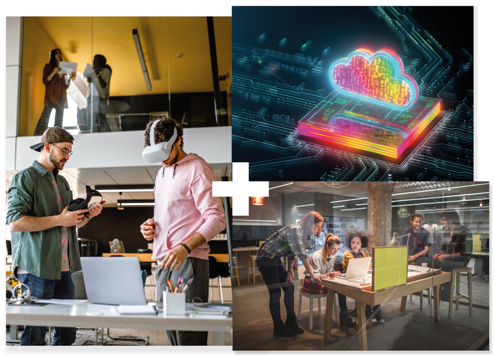 Collage of 3 | Students using augmented reality technology | A bright coloured digital cloud | People working at a table in an office