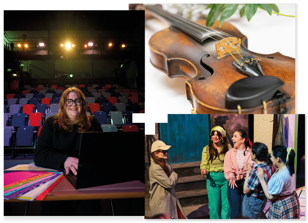 Collage of 3 | Student working at a laptop in a theatre | Close-up of a violin | Students performing in a musical Collage of 3 | Student working at a laptop in a theatre | Close-up of a violin | Students performing in a musical